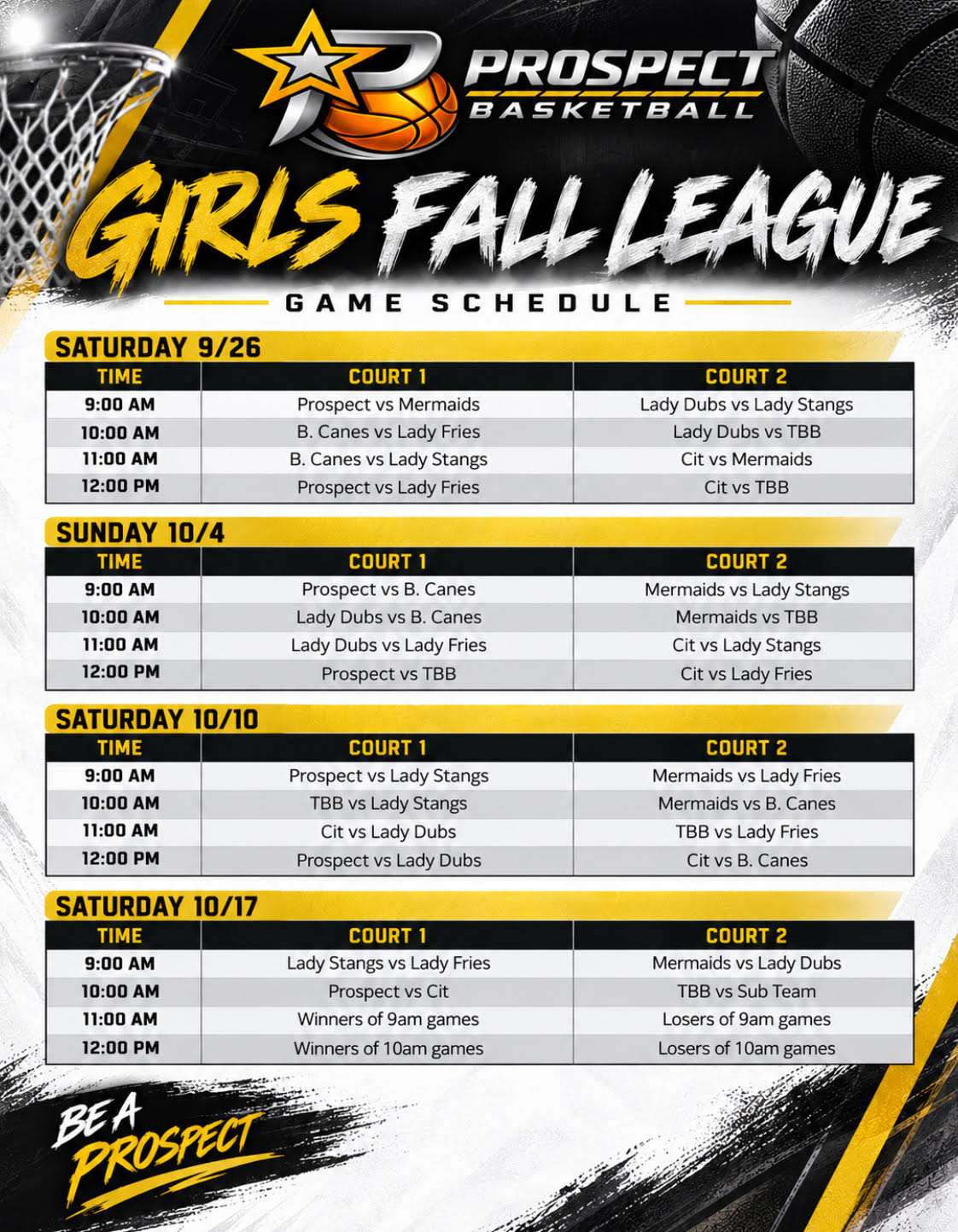 Prospect Basketball Girls Fall League game schedule